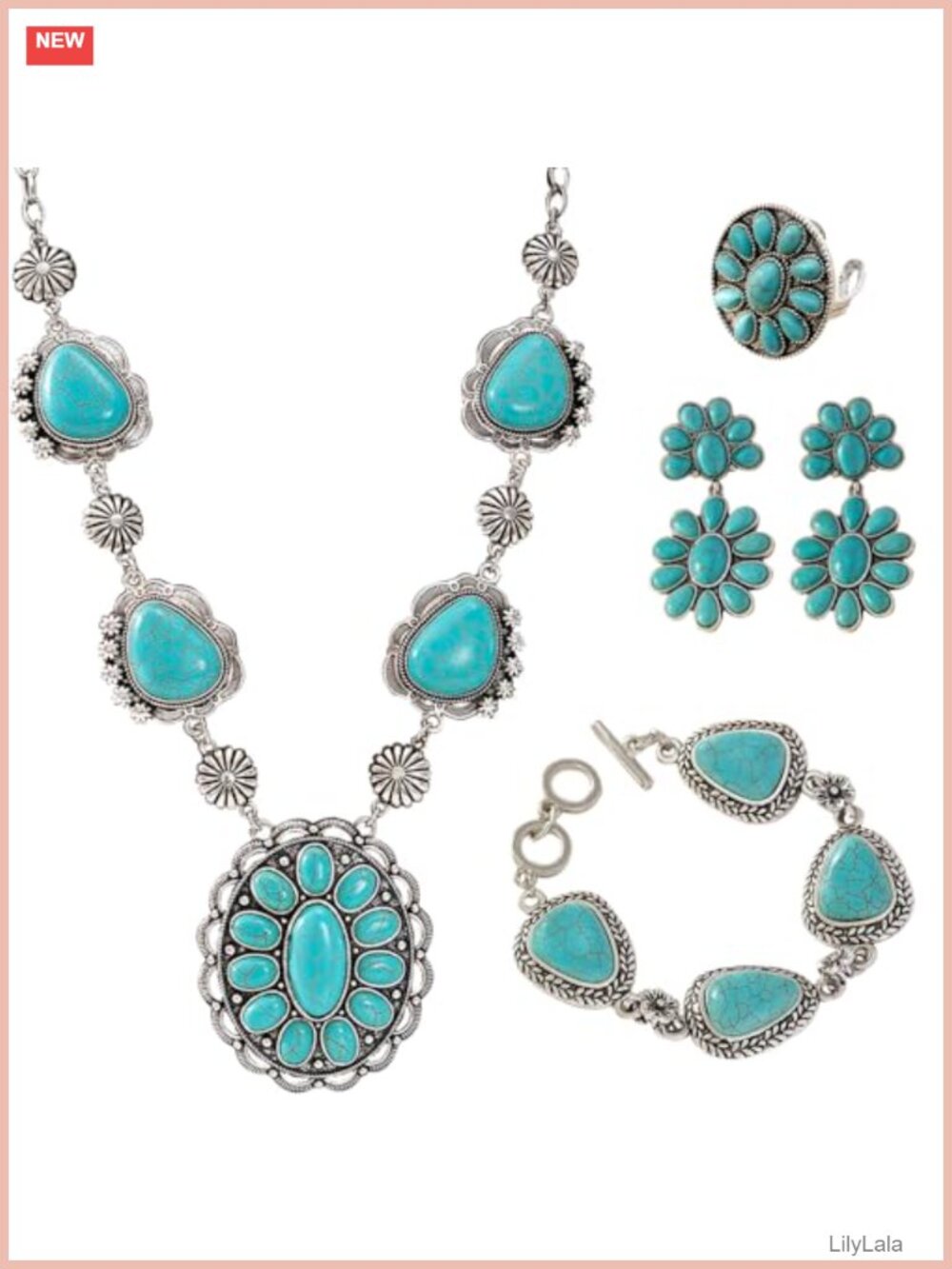 Boho Western Turquoise Jewelry Set Necklace Earrings Bracelet Ring